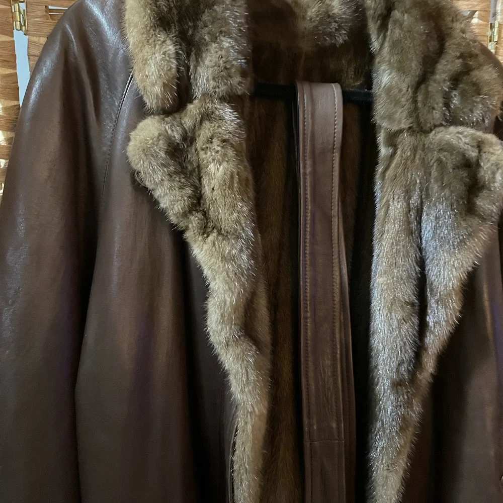 Brown Leather Jacket with Faux Fur Trim - Picture 3 of 11